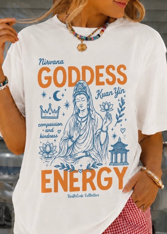 White t-shirt with 'Nirvana Goddess Kuan Yin Energy' design featuring a statue of Kuan Yin.