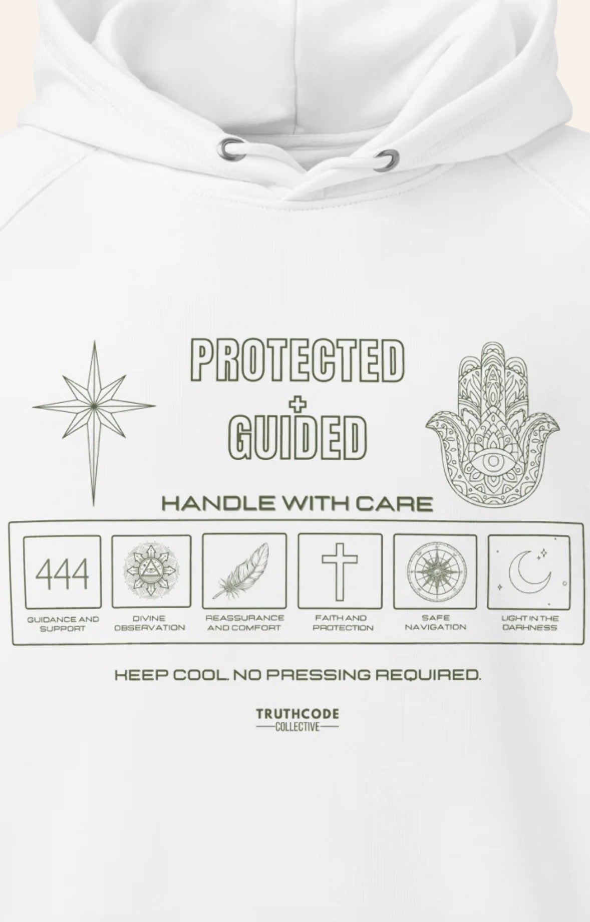 Close view of white hoodie with laundry tag style graphic design and text 'Protected + Guided' and suymbols relating to protection