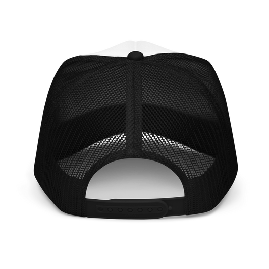 Back of trucker hat showing black mesh cap and adjustable snaps