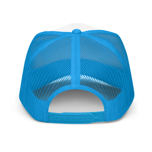The back of a blue mesh cap showing adjustable snaps
