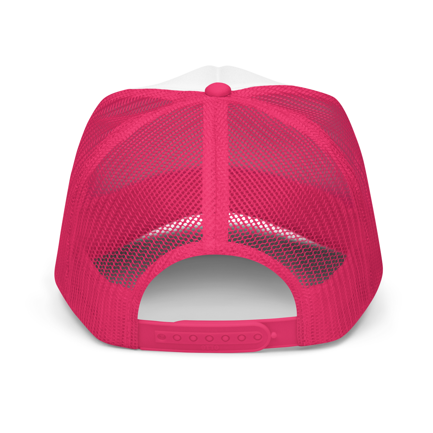 Back of a pink mesh trucker hat showing adjustable snaps on a white background