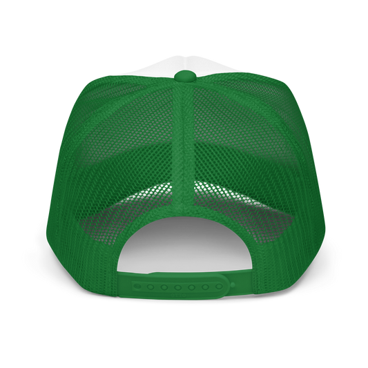 Back of trucker hat showing green mesh and adjustable snaps, hat on a white background