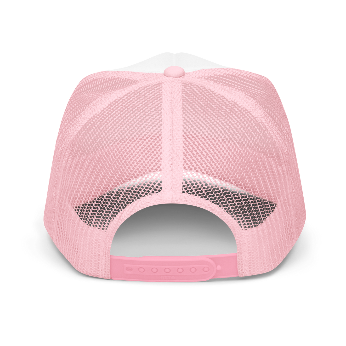 The back of a pink mesh cap showing adjustable snaps