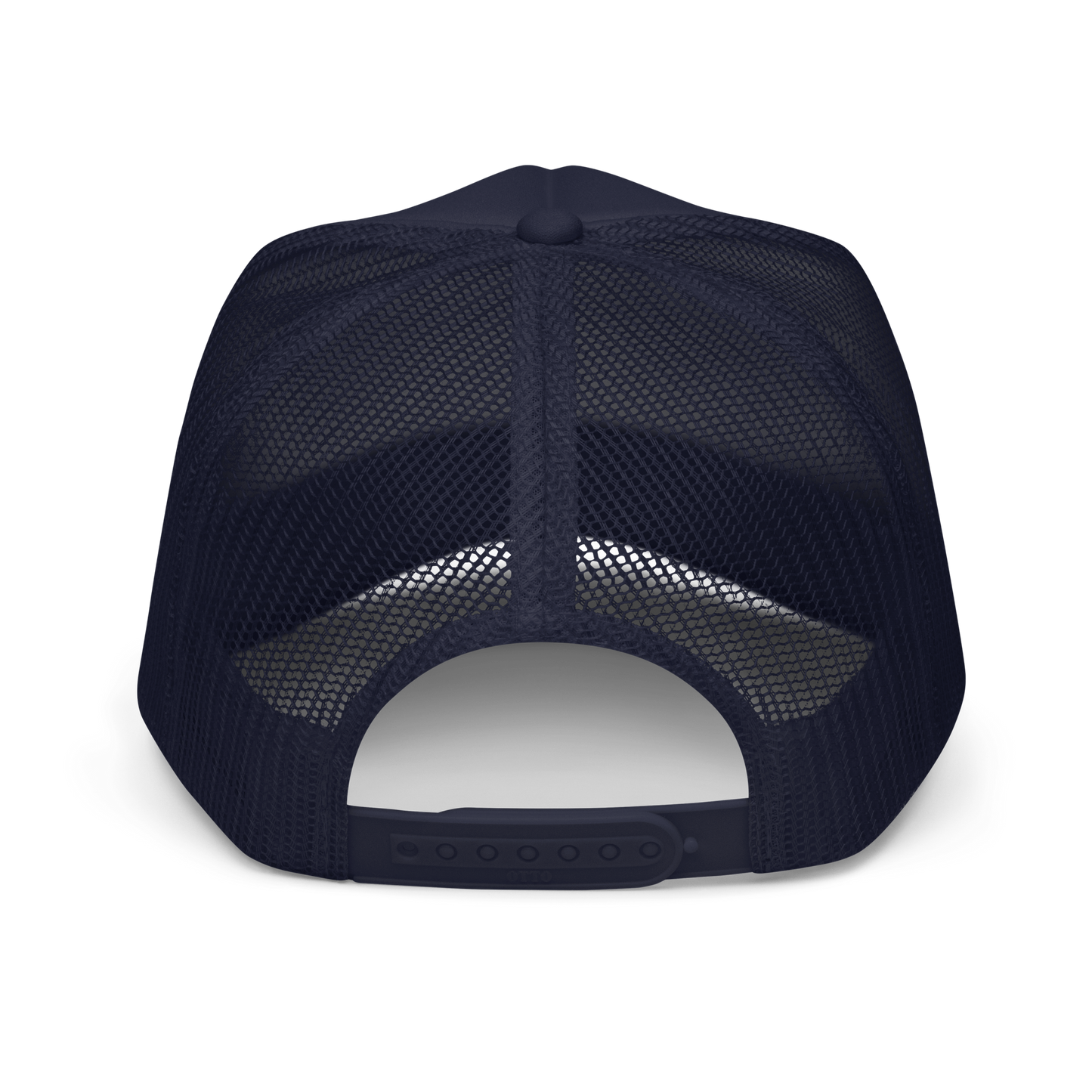 Back of navy blue trucker hat showing mesh and adjustable snaps