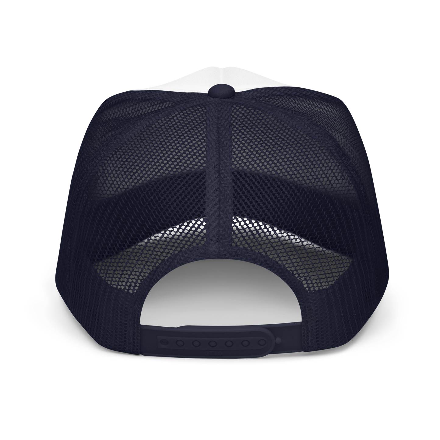 Back of navy blue mesh trucker hat showing adjustable snaps on a plain background