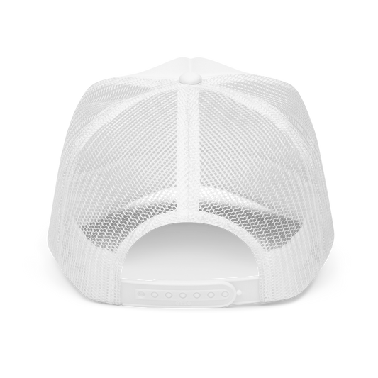 Back of white mesh cap showing adjustable snaps on a white background