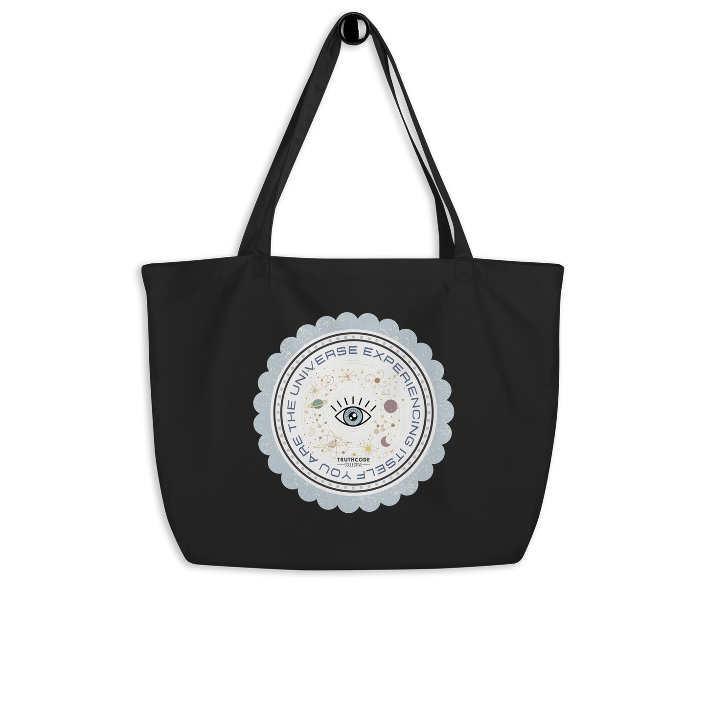 Black organic tote bag with a circular design featuring text 'You are the universe experiencing itself' and symbols on a white background