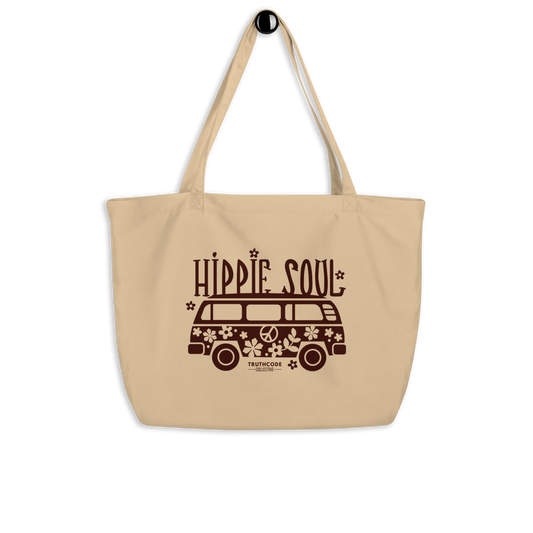 Beige organic tote bag with 'Hippie Soul' design featuring a van and text on a white background