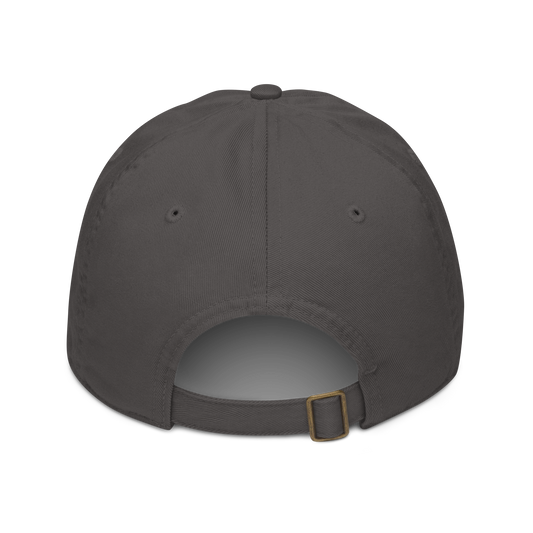 Back of a dark gray cap showing an adjustable strap