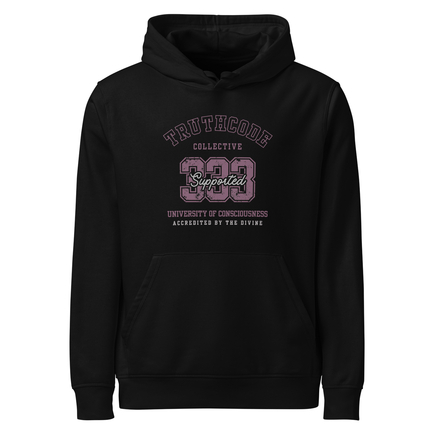 Black organic hoodie with purple text '333, Supported' and 'University of consciousness, accredited by the divine'  on a white background