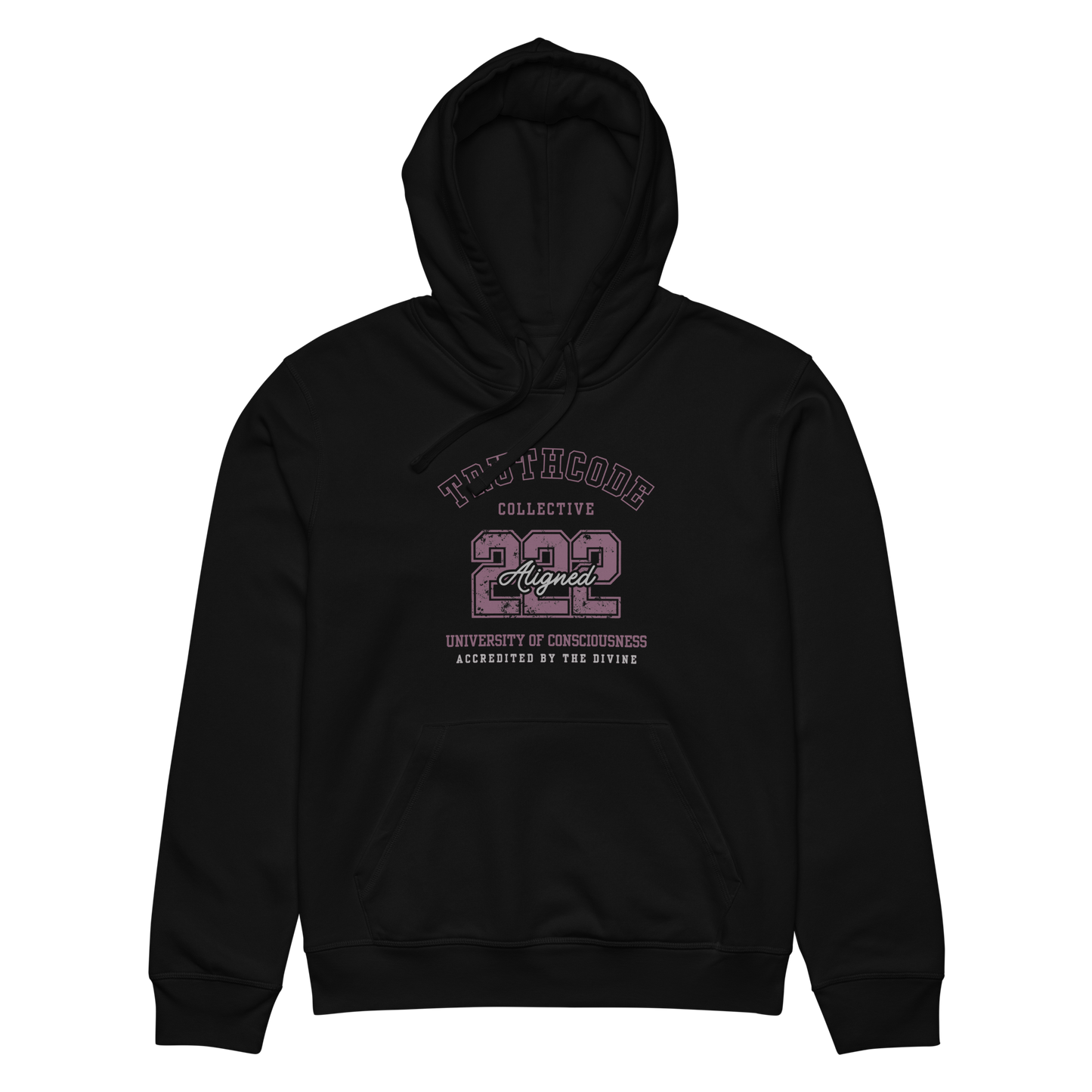 Black organic hoodie with text design '222 Aligned' and 'University of Consciousness' on a white background