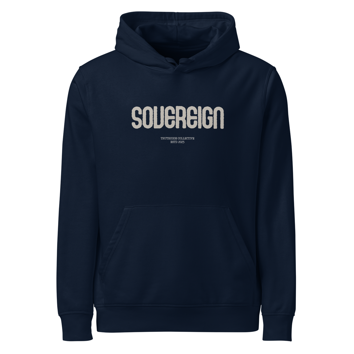 Navy blue organic hoodie with 'Sovereign' text on a white background
