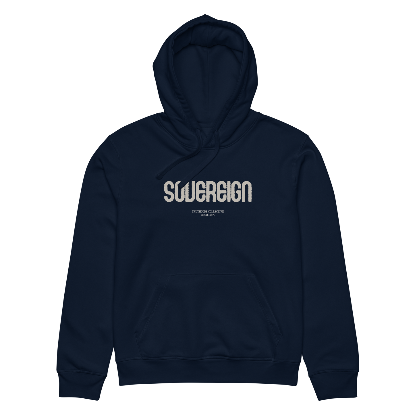 Navy blue organic hoodie with 'SOVEREGN' text design on a white background