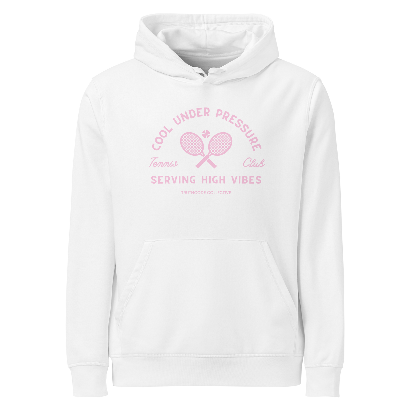 White organic hoodie with text 'Cool under pressure, serving high vibes' and 'Tennis club' with a tennis racket design on a white background