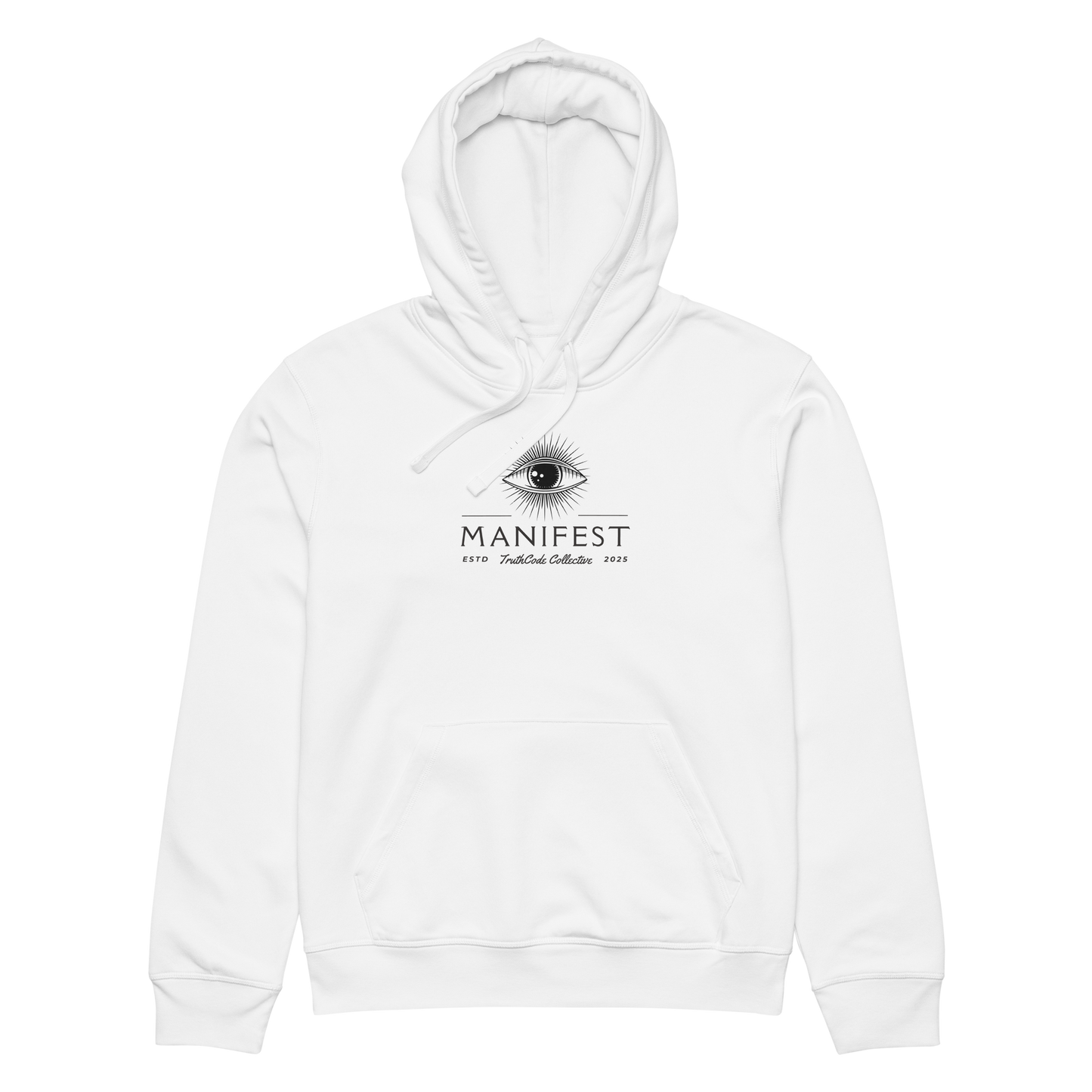 White organic hoodie with text 'Manifest' eye graphic design on a white background