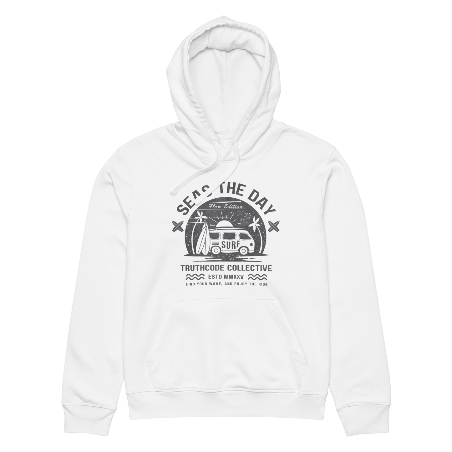White organic hoodie with surf style graphic design and text 'Seas the day' on a white background