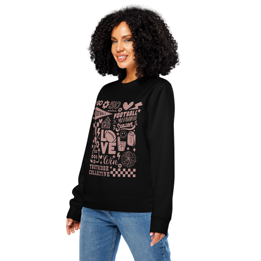 Woman wearing black organic sweatshirt with football collage graphic design and 'Football is my favorite season' on a white background