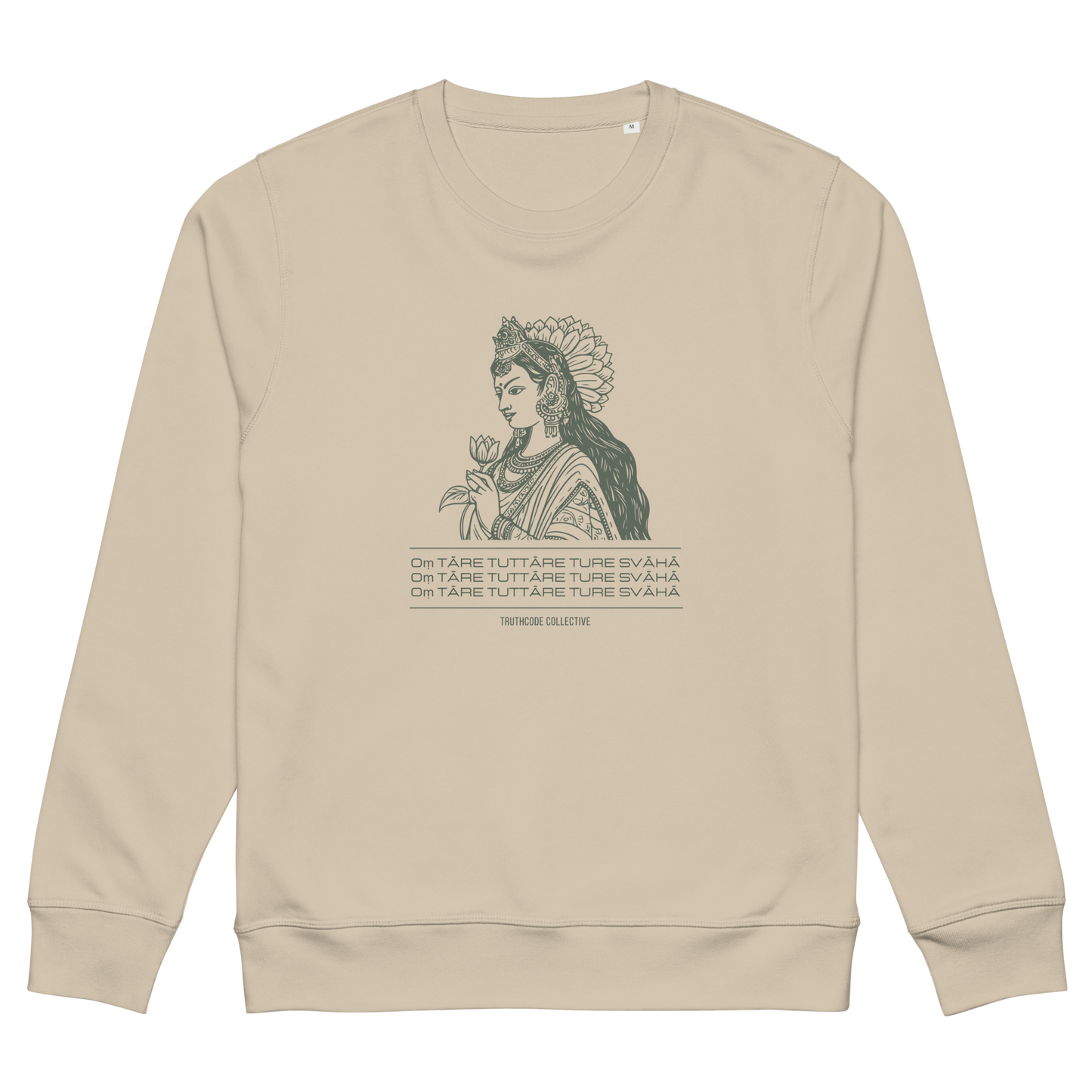 Beige organic sweatshirt with a graphic of a woman representing Green Tara holding a flower and mantra text, on a white background