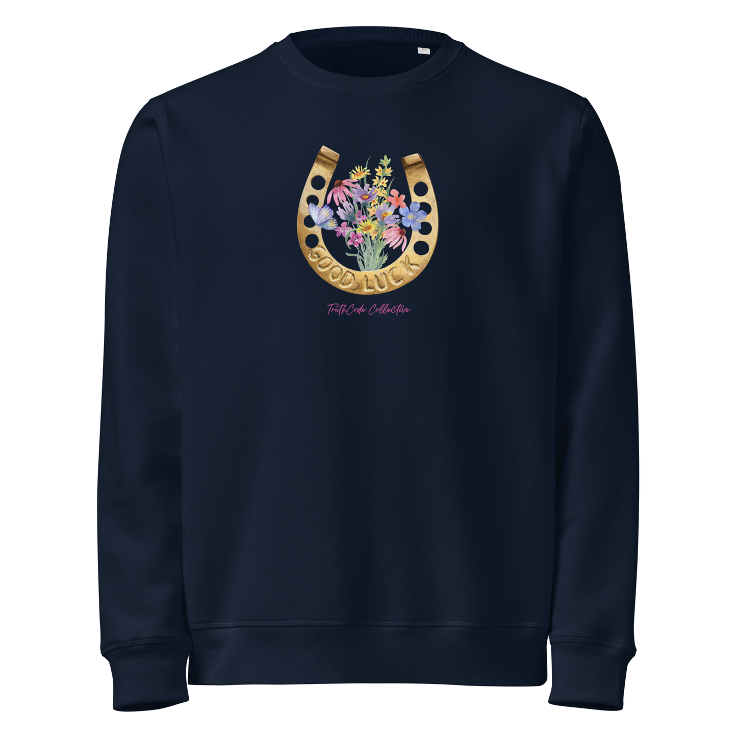 Navy blue organic sweatshirt with a floral and horseshoe design and text 'GOOD LUCK' on a white background