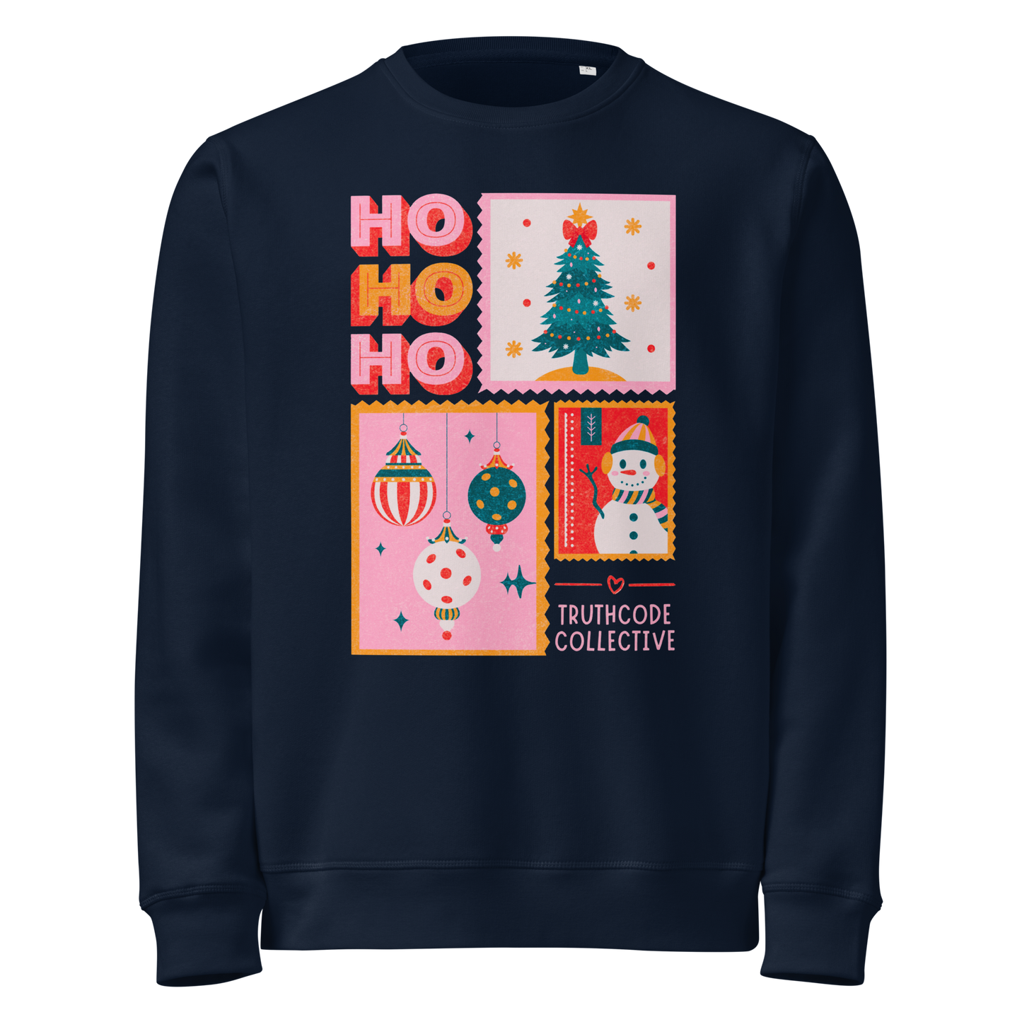 Navy blue organic sweatshirt with Christmas-themed design featuring 'HO HO HO' and Christmas postcard style graphic design white background.