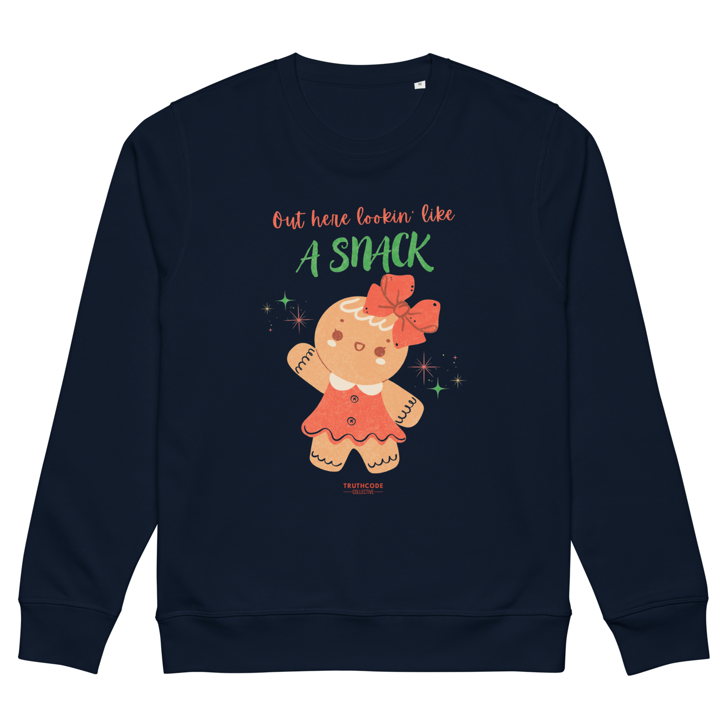 Navy blue sweatshirt with a gingerbread girl graphic and text on a white background
