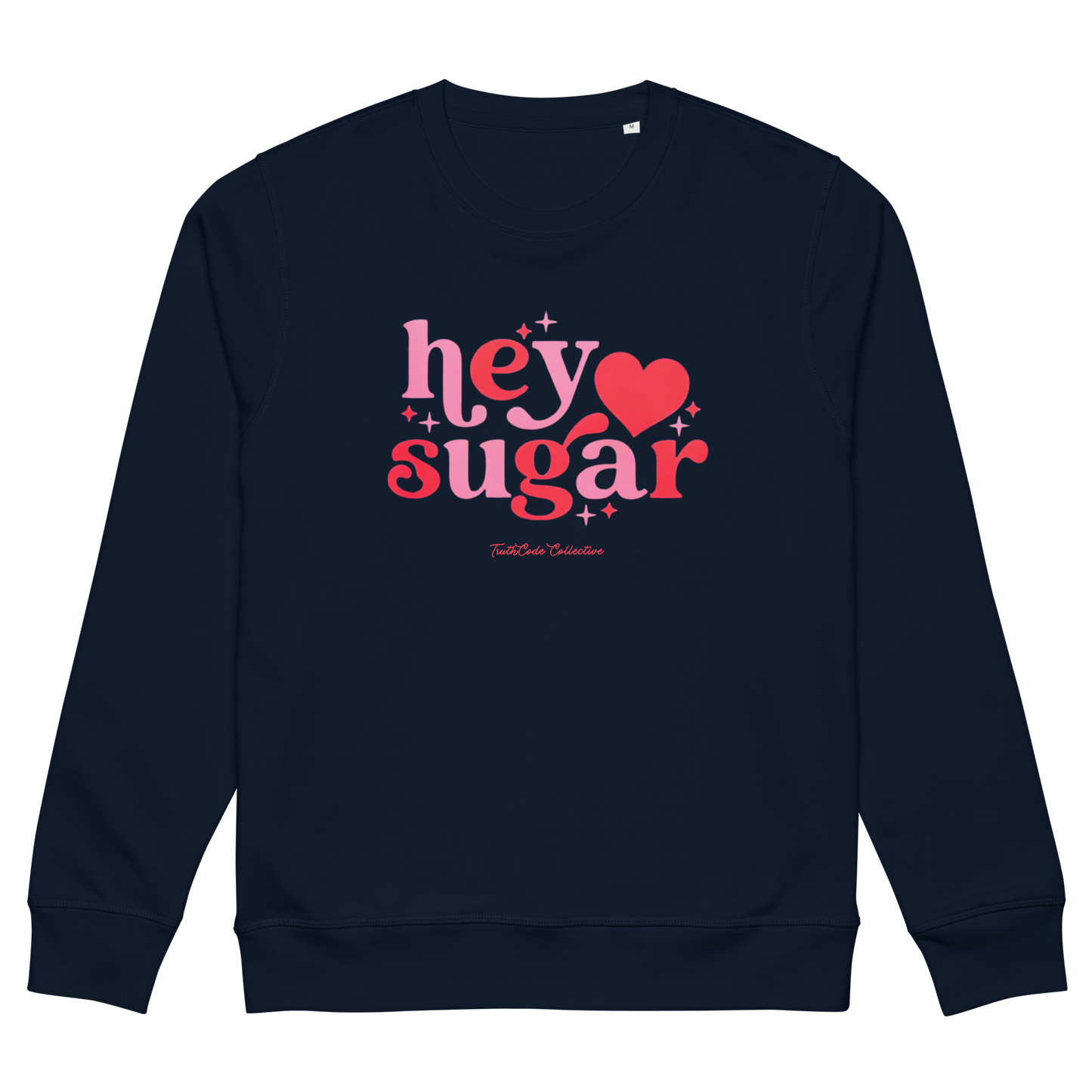 Navy blue organic sweatshirt with a floral heart design on a white background