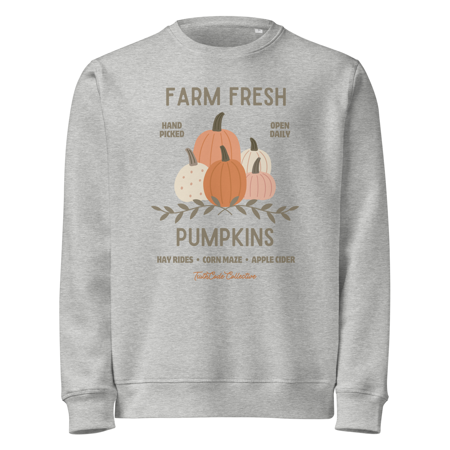 Gray organic sweatshirt with 'Farm Fresh Pumpkins' text and pumpkin graphic design on a white background