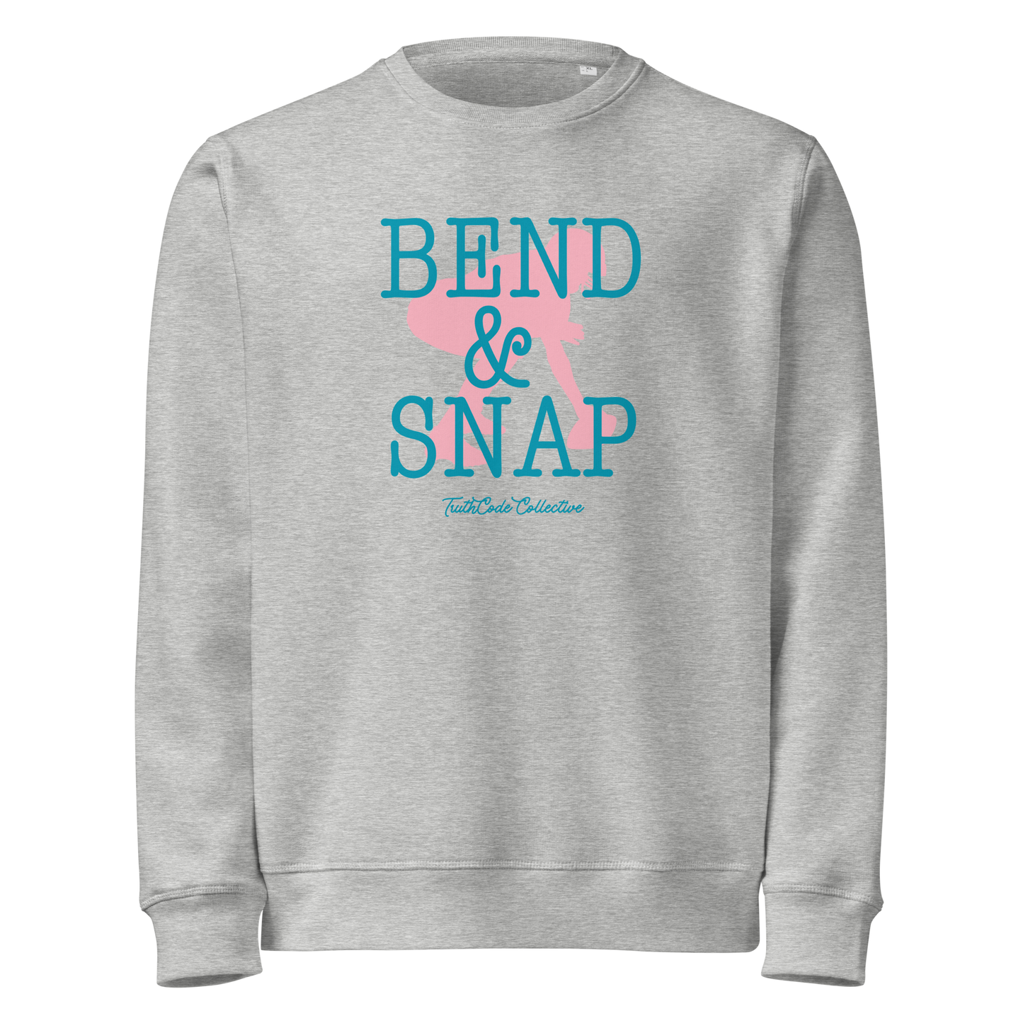 Gray organic sweatshirt with 'Bend & Snap' text and football player snapping football silhouette graphic on a white background