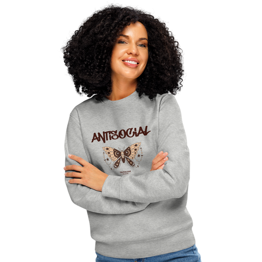Woman wearing gray organic sweatshirt with butterfly graphic and 'ANTISOCIAL' text on a white background