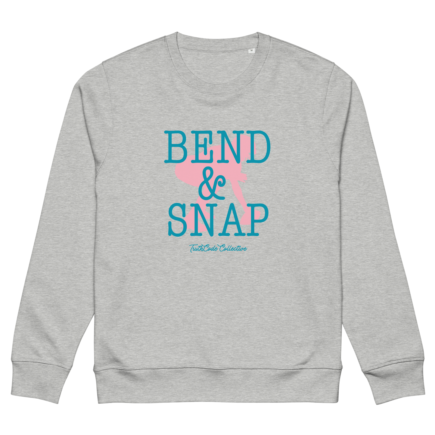 Gray organic sweatshirt with 'Bend & Snap' text and graphic design of football center ready to snap the ball, on a white background