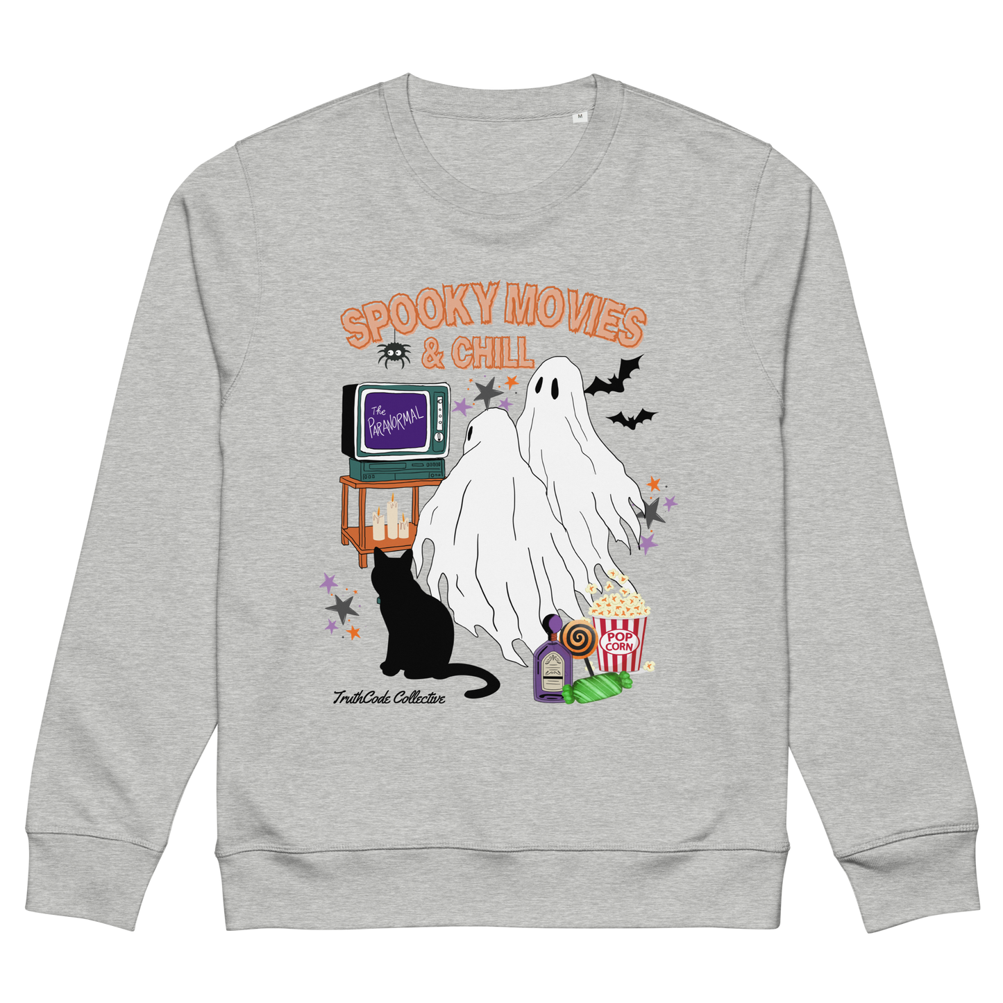 Gray organic sweatshirt with Halloween-themed design featuring a ghost, black cat, TV, and popcorn and text 'Spooky movies and chill' on a white background