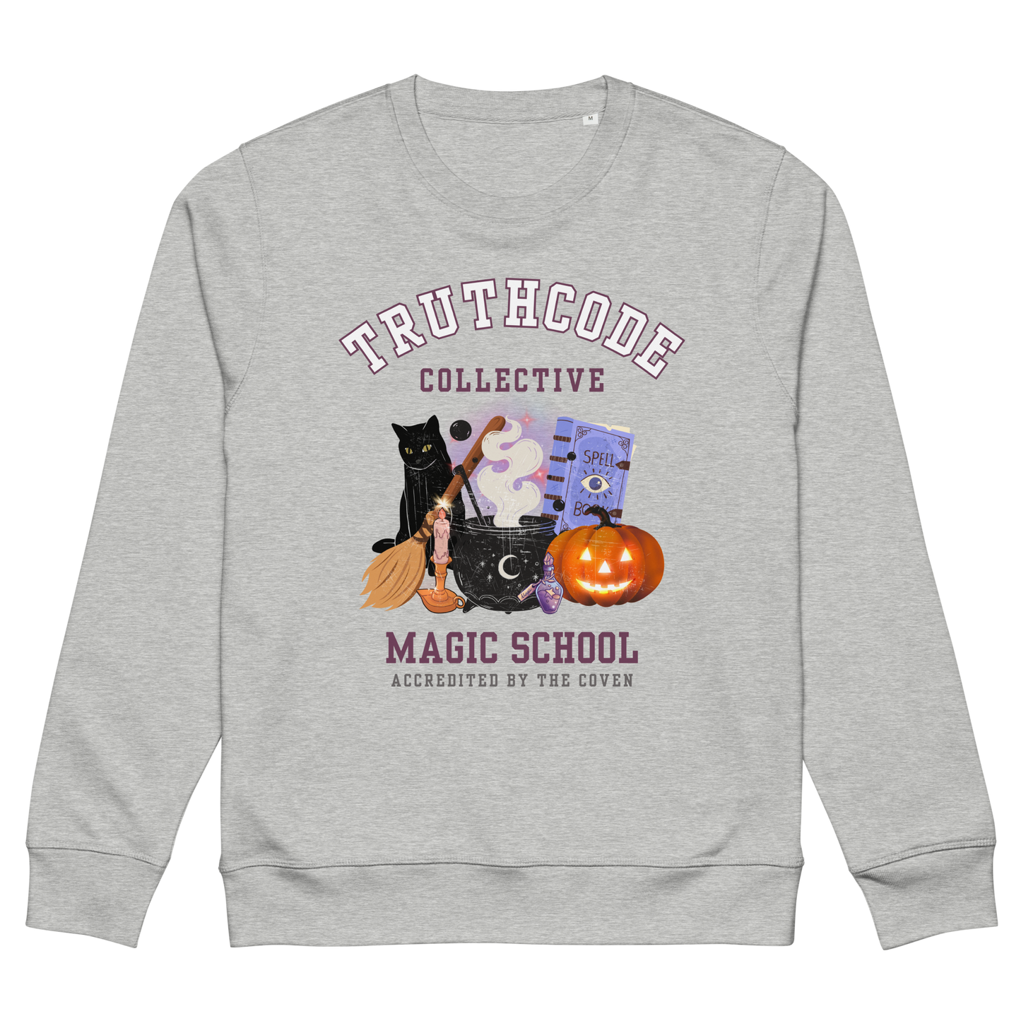 Gray organic sweatshirt with Halloween-themed design and 'TruthCode Collective Magic School' text, on a white background