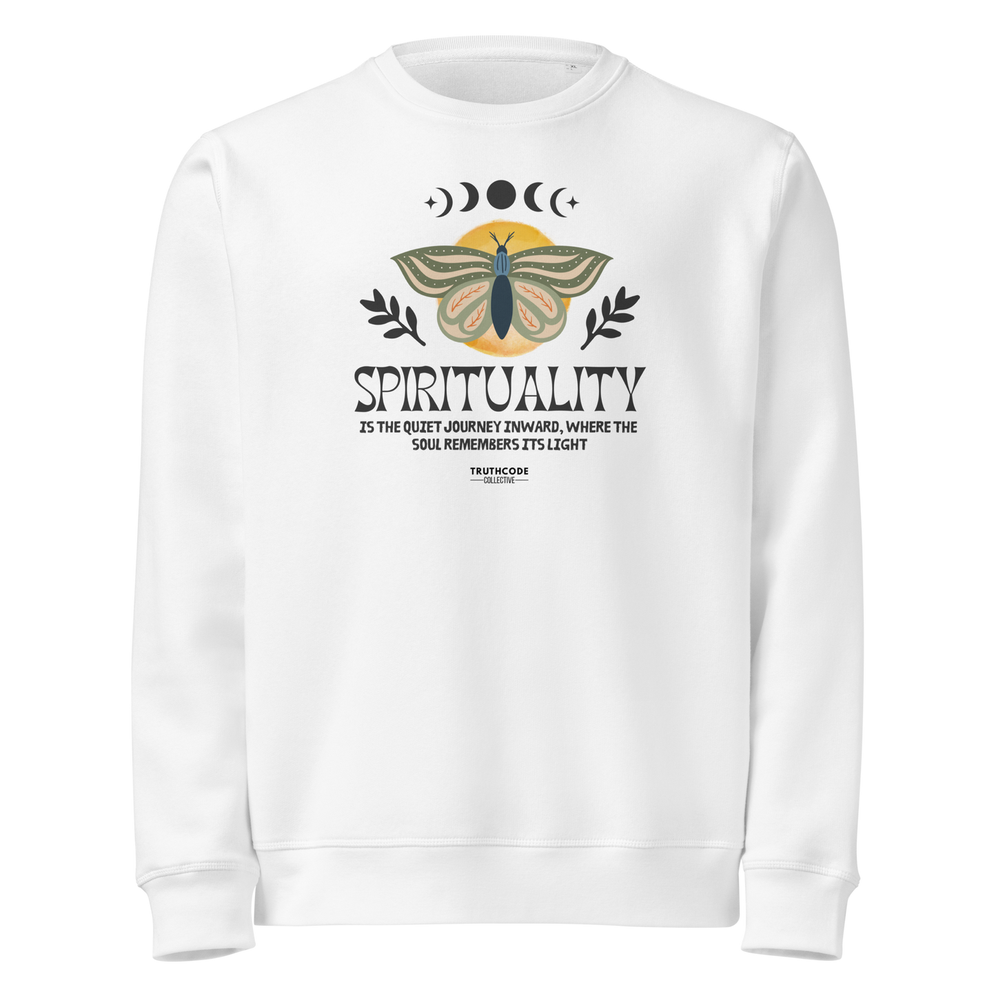 White organic sweatshirt with a butterfly design and text 'Spirituality is the quiet journey inward, where the soul remembers it's light' on a white background