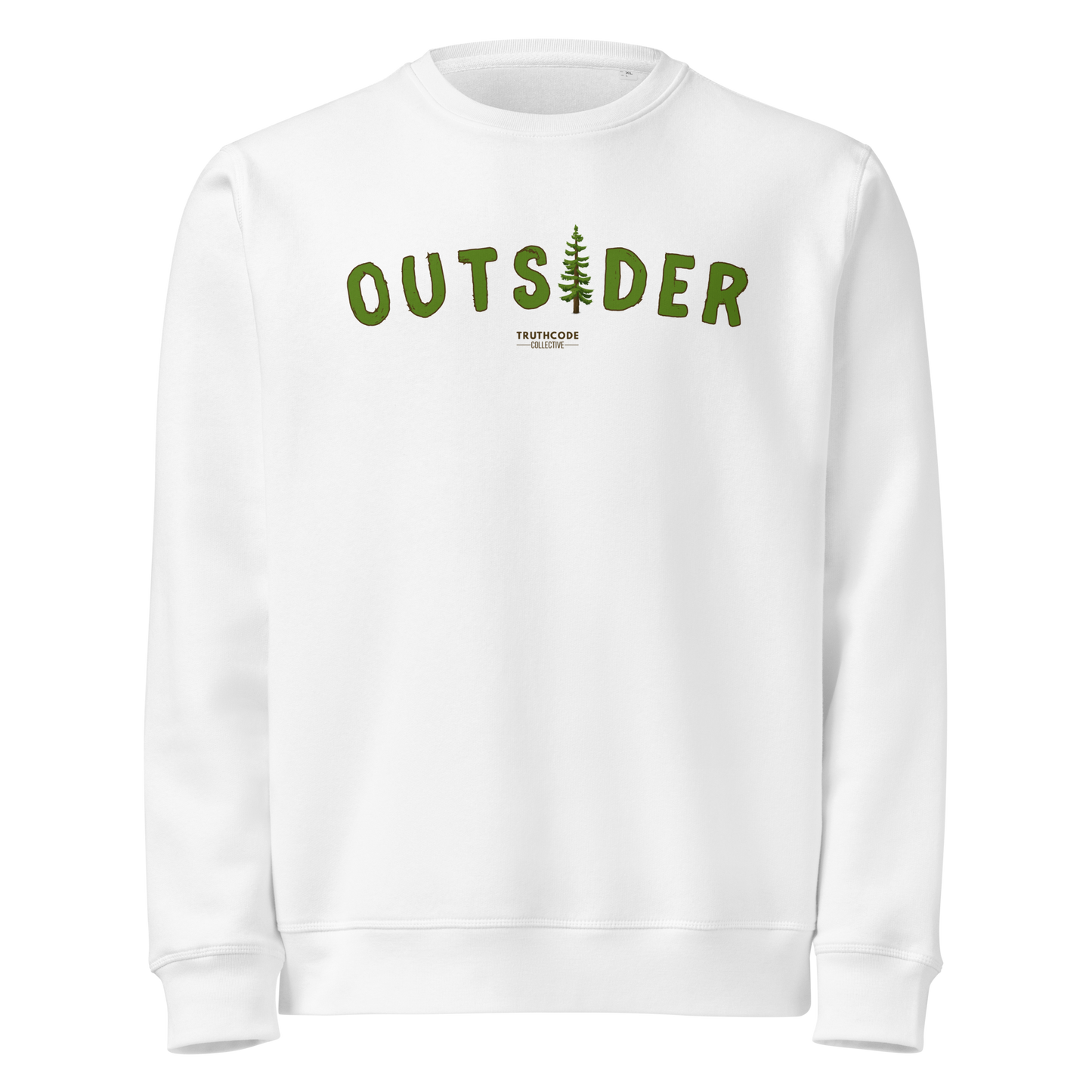 White organic sweatshirt with 'OUTSIDER' text and evergreen tree graphic on a white background