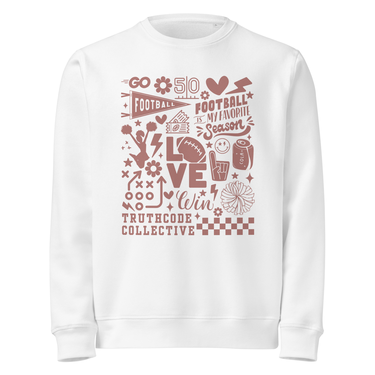 White organic sweatshirt with football themed graphics and text 'Football is my favorite season' on a white background