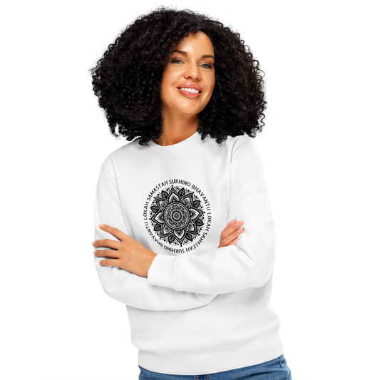 Woman wearing white organic sweatshirt with a black mandala design and text on a white background