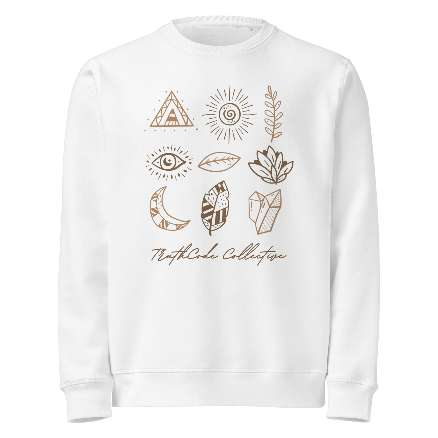 White organic sweatshirt with nature-themed graphics and 'TruthCode Collective' text on a white background