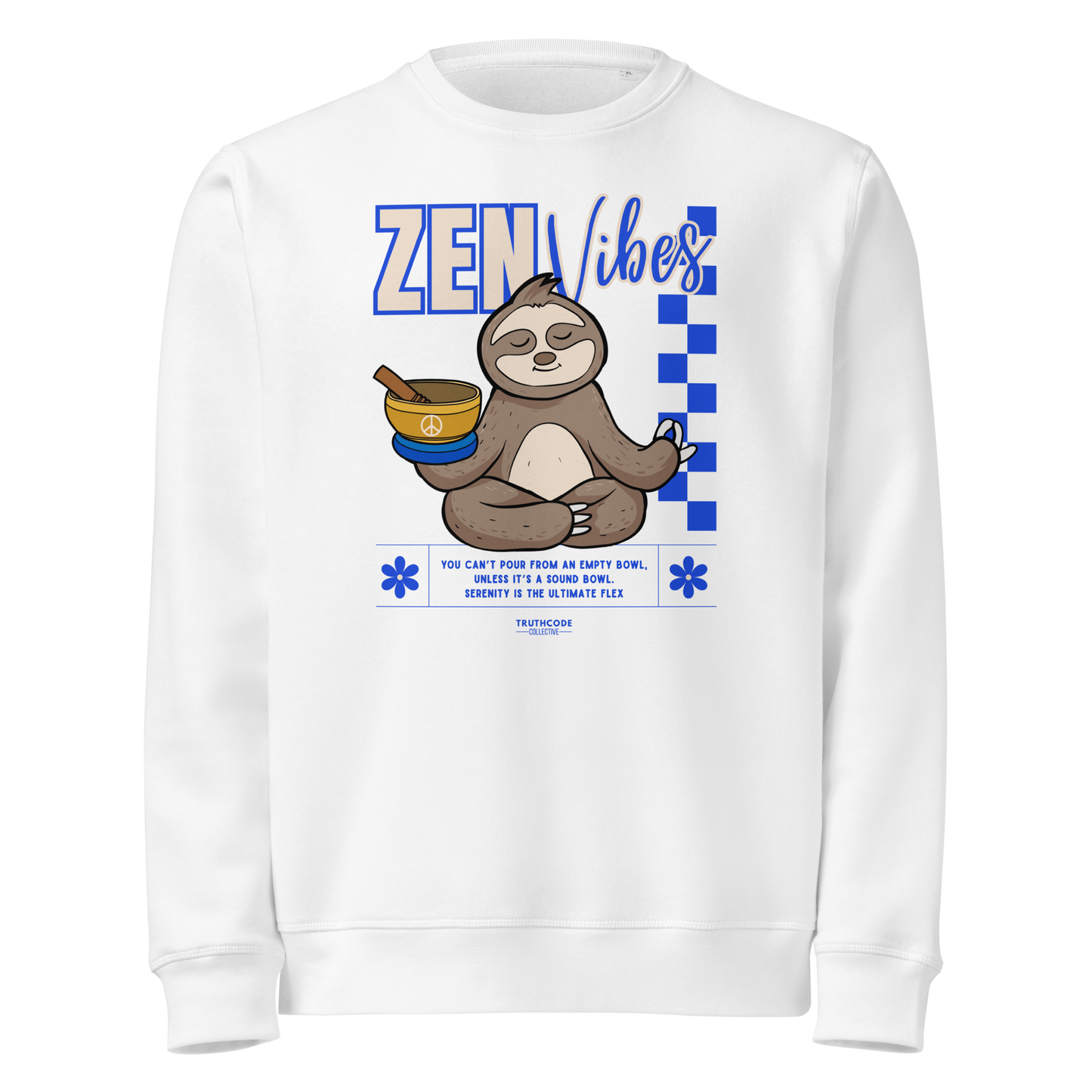 White organic sweatshirt with a sloth graphic and 'Zen Vibes' text on a white background