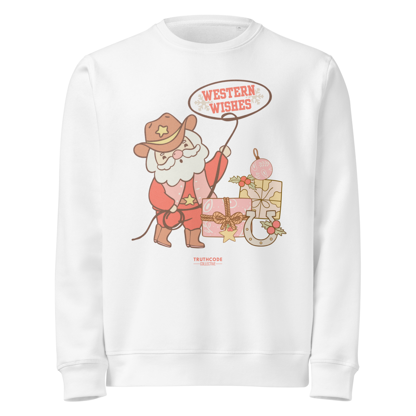 White organic sweatshirt with a cowboy Santa Claus graphic and 'Western Wishes' text on a white background.