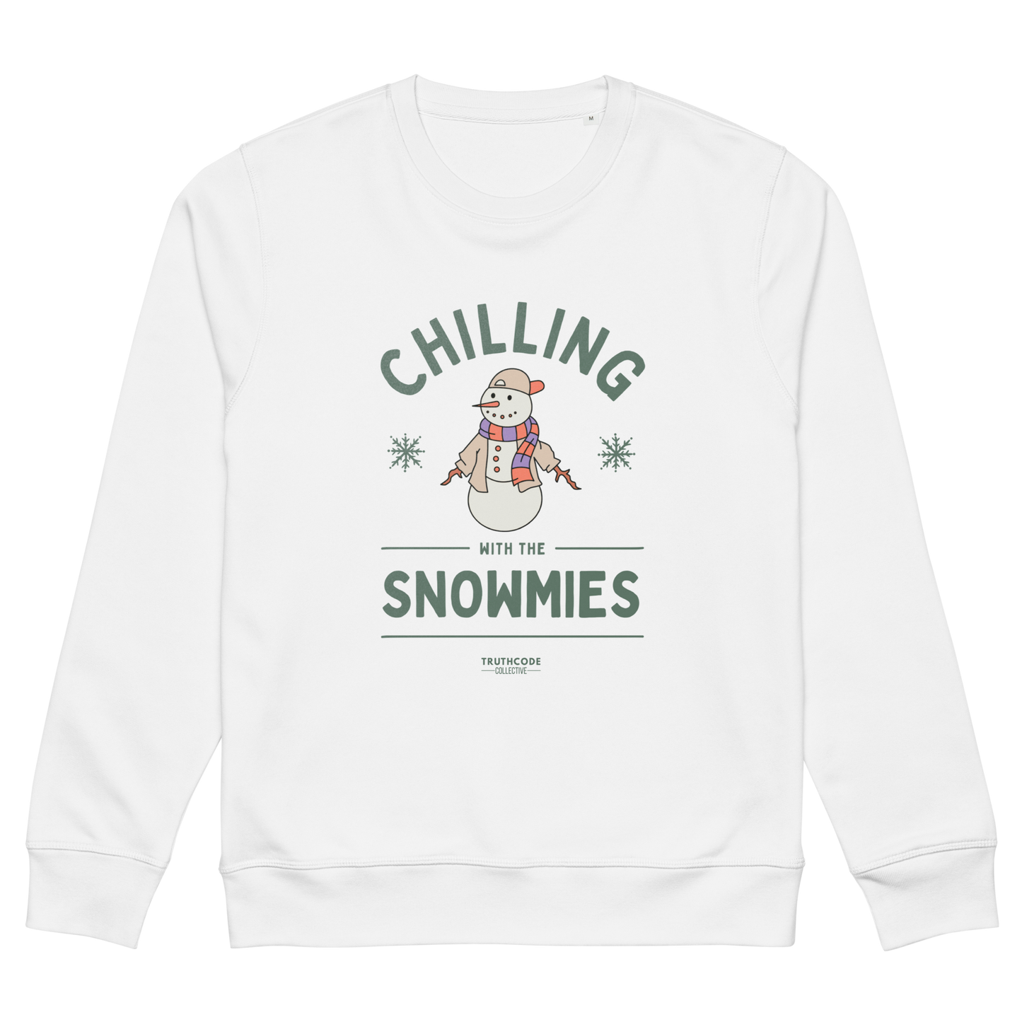 White organic sweatshirt with a snowman graphic and text 'Chilling with the Snowmies' on a white background