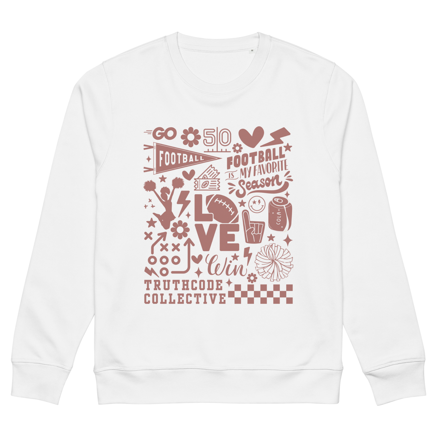 White organic sweatshirt with football collage graphic design and 'Football is my favorite season' on a white background