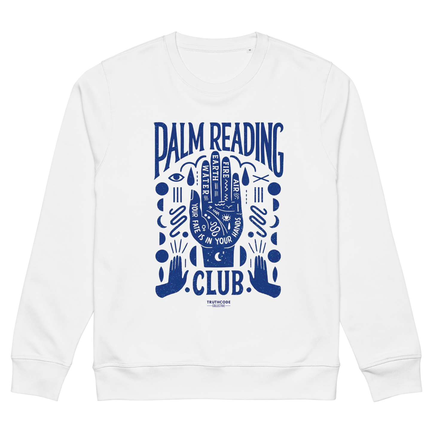 White organic sweatshirt with blue 'Palm Reading Club' and graphic design of a hand with different elements of palm reading, shirt on a white background