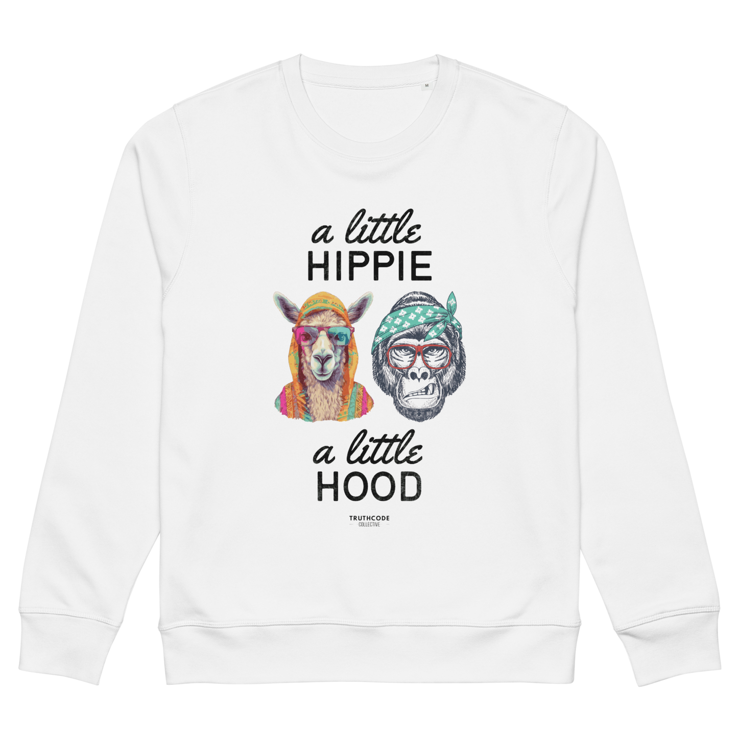 White organic sweatshirt with funny graphic design of a hippie llama and gangster gorilla and text 'a little hippie a little hood', on a white background.