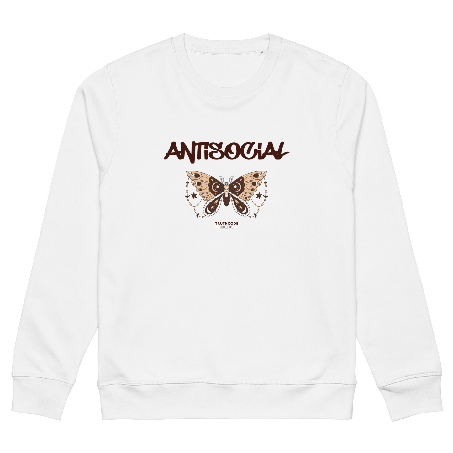 White organic sweatshirt with butterfly graphic and 'ANTISOCIAL' text on a white background