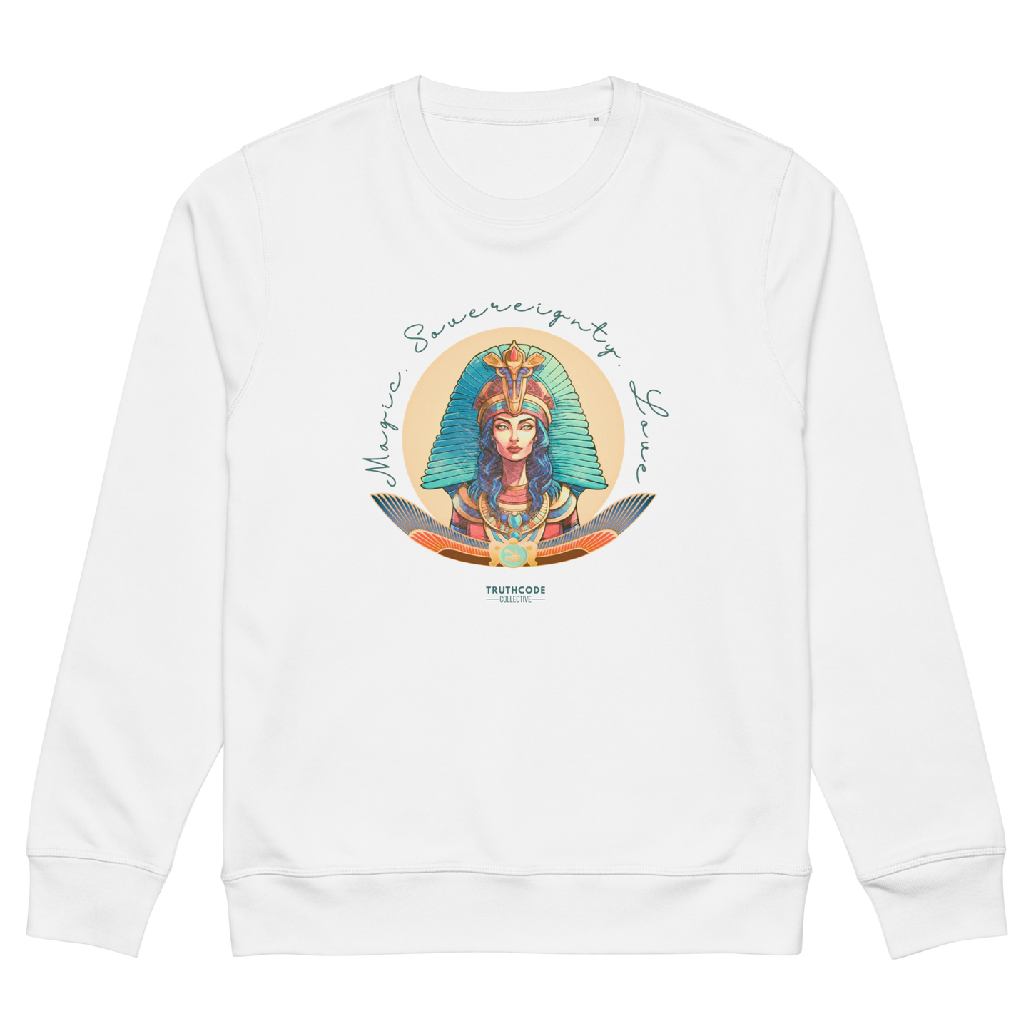 White organic sweatshirt with a colorful graphic of an Egyptian woman in a headdress and text 'Magic, Sovereignty, Love' on a white background