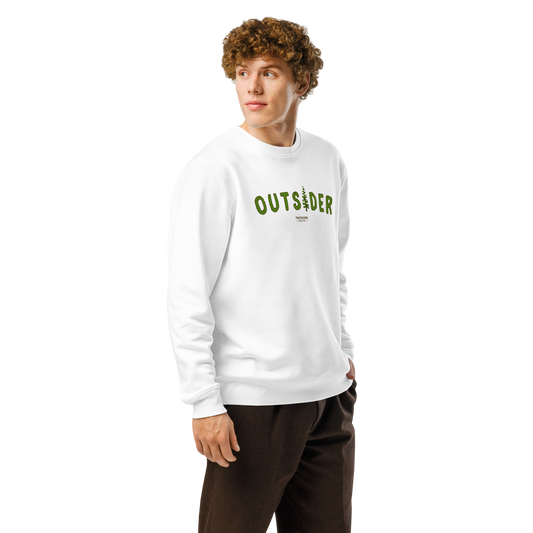 Guy wearing white organic sweatshirt with 'OUTSIDER' text and a tree graphic on a white background
