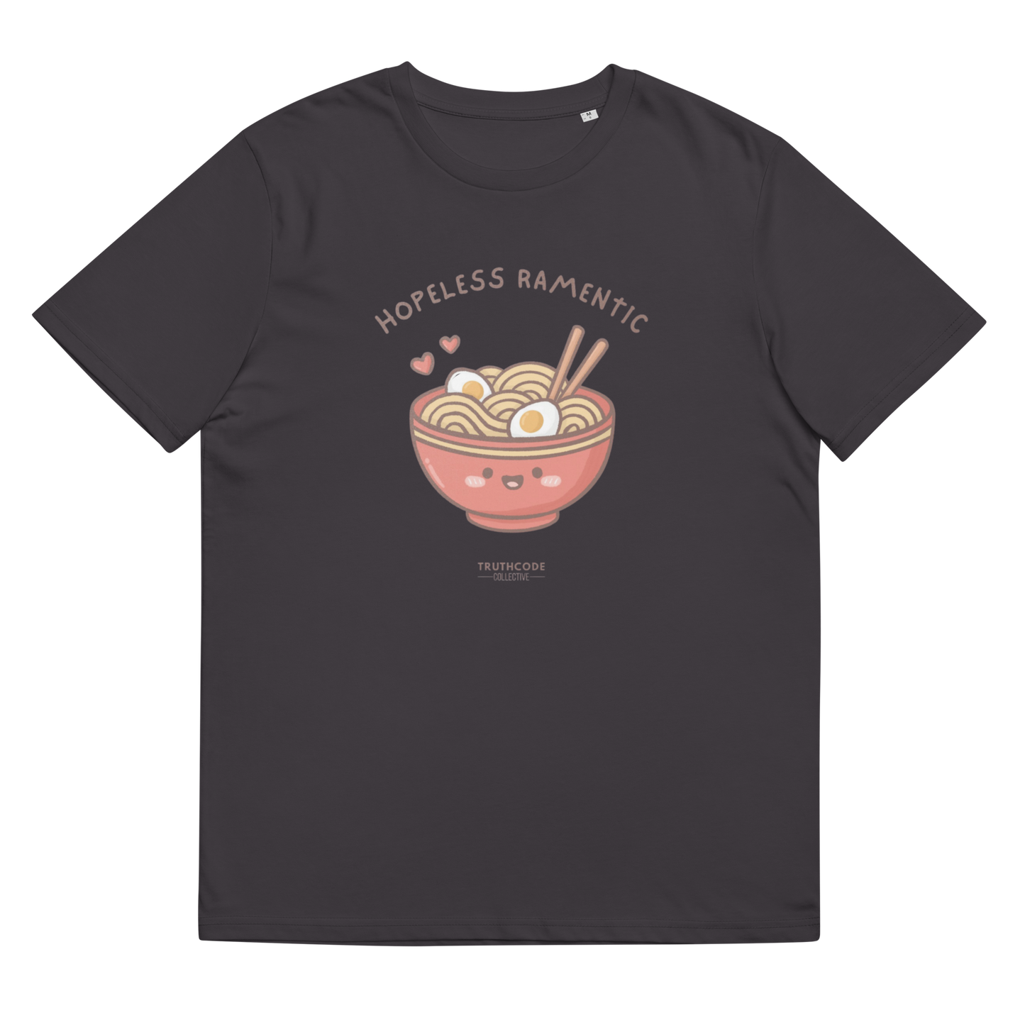 Dark gray organic t-shirt with a cartoon ramen bowl graphic and text 'Hopeless ramentic' on a white background