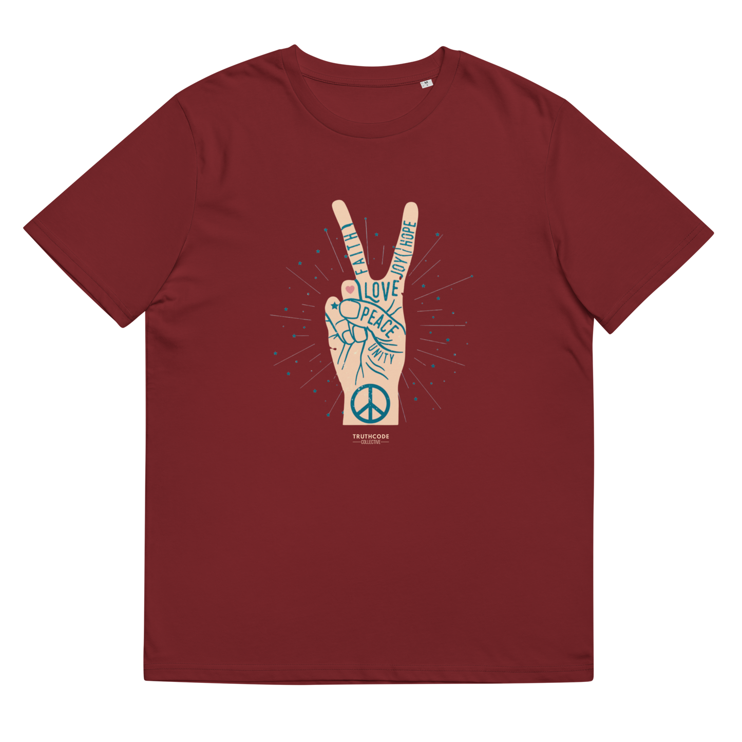 Burgundy organic t-shirt with a peace sign design and text throughout the hand 'Faith, joy, hope, love, peace, unity', shirt on a white background