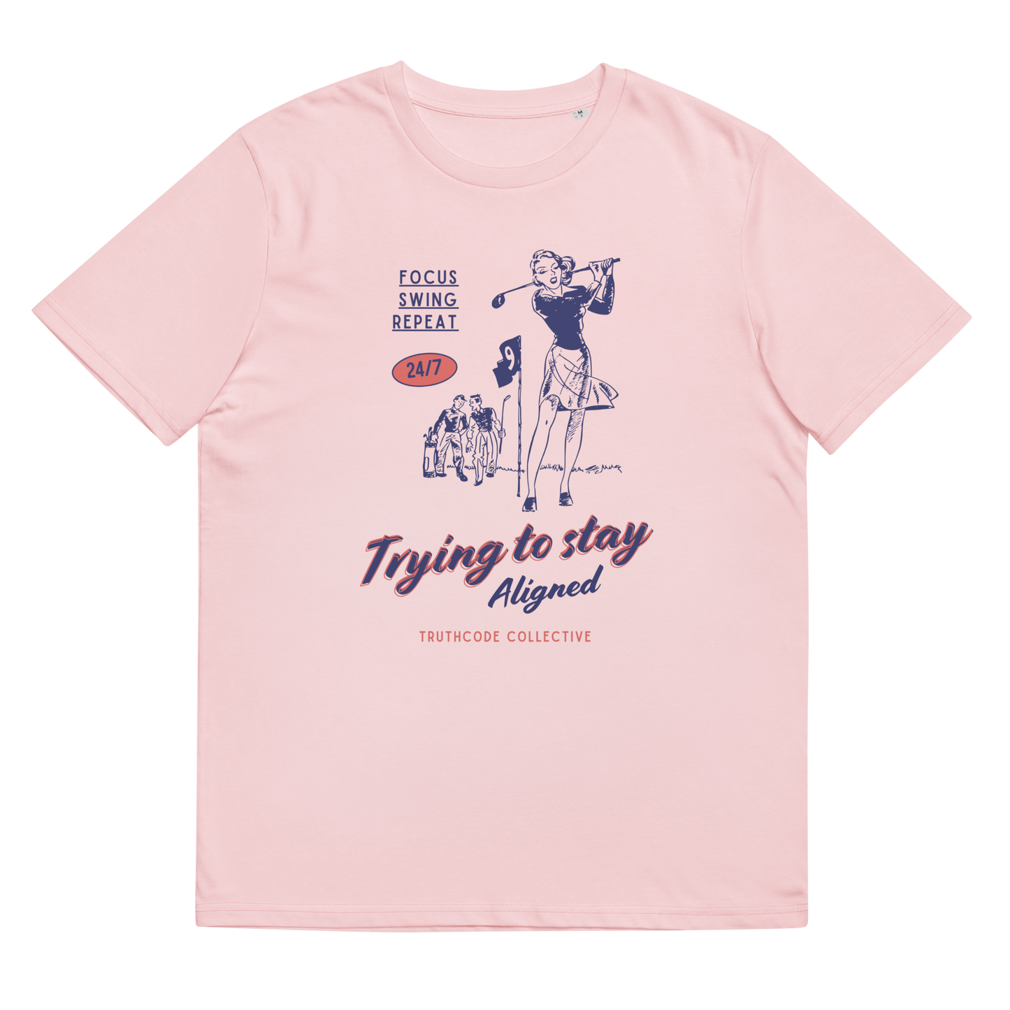 Pink organic t-shirt with vintage style graphic design of a golfer and text 'Trying to stay aligned' on a white background