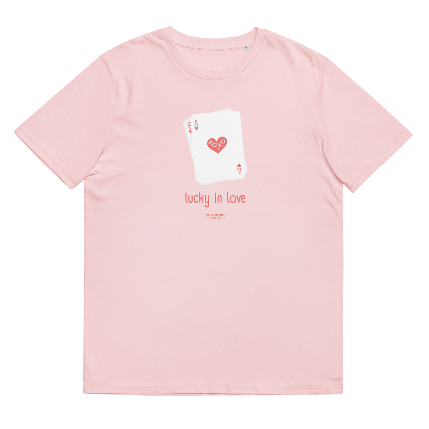 Pink organic t-shirt with a graphic of playing cards and 'lucky in love' text on a white background